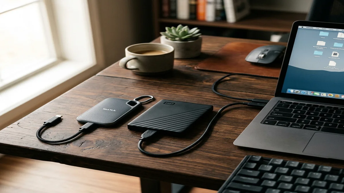Ổ cứng di động SSD và HDD đặt cạnh laptop trên bàn làm việc